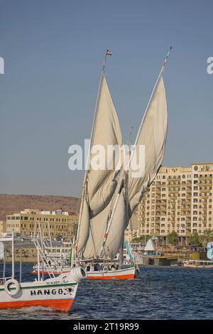 Segelschiffe, Ausflugboote auf dem Nil bei Assuan, Ägypten Stockfoto