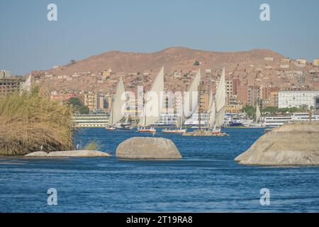 Segelschiffe, Ausflugboote auf dem Nil bei Assuan, Ägypten Stockfoto