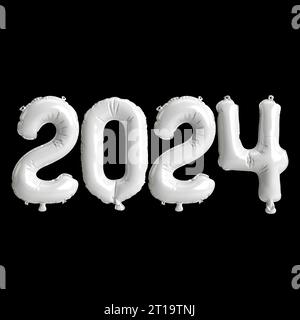 3D-Illustration des Briefes über Neujahr 2024 mit Ballons auf weißer Farbe Stockfoto