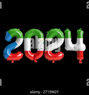 3D-Illustration des Briefes über Neujahr 2024 mit Ballons auf der Farbe Äquatorialguinea Flagge Stockfoto