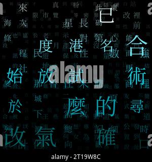 Abstrakter Matrixhintergrund. Zufällige Zeichen des traditionellen chinesischen Alphabets. Gradientenmatrixmuster. Hintergrund des Motivs in Cyan-Farbe. Stock Vektor