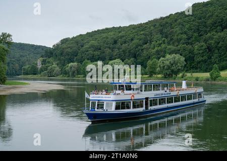 Ausflugsboot Ludwig der Kehlheimer, Donau bei Kehlheim, Bayern, Deutschland Stockfoto