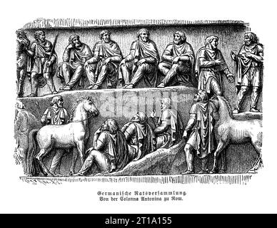 Germanische ratstagung, Basrelief auf der Säule Antonina in Rom errichtet zu Ehren des Kaisers Marcus Aurelius Antoninus Stockfoto