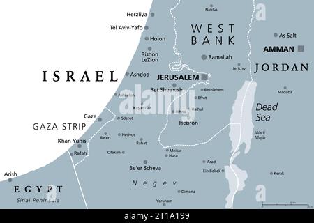 Teil des südlichen Bezirks Israels, graue politische Karte, mit Gaza-Streifen, unterer Hälfte des Westjordanlands, Totes Meer, mit Grenzen und wichtigen Städten. Stockfoto