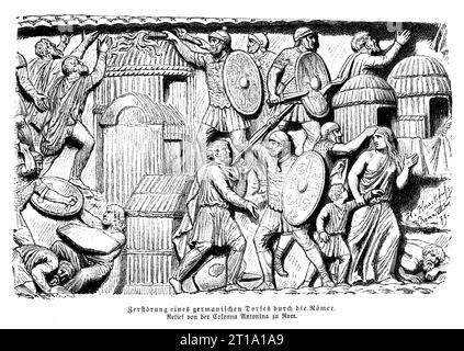 Zerstörung des deutschen Dorfes durch die römische Armee, Basrelief auf der Säule Antonina in Rom errichtet zu Ehren des Kaisers Marcus Aurelius Antoninus Stockfoto