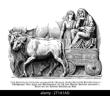 Deutsche Markomann-Priesterin nach dem römischen Heereskortege, Basrelief auf der Säule Antonina in Rom zu Ehren des Kaisers Marcus Aurelius Antoninus errichtet. Stockfoto