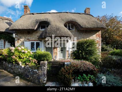 Zwei Doppelhaushälften mit traditionellem englischem Strohdach. Die Cottages sind aus Stein gebaut mit Dachstroh über beide Grundstücke. Isle of Wight, Großbritannien Stockfoto