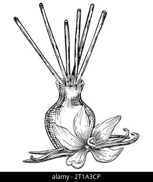 Diffusor mit Vanilleblüten und Stiften. Handgezeichnete Vektorillustration auf weißem isolierten Hintergrund. Lineare Zeichnung eines Auffrischers für die Duft- und Aromatherapie. Skizze eines unverzichtbaren Parfums für Zuhause Stock Vektor