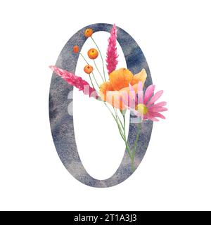 Blumenzahl 0. Aquarellelement Null mit botanischem Wildblumenstrauß. Hochzeitseinladungen, Grußkarte, Geburtstag, Logo, Poster andere Ideen Stockfoto