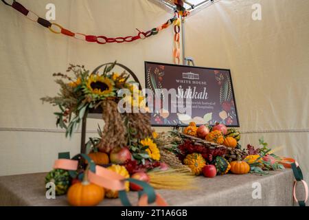 Mitarbeiter der Weißen Häuser und ihre Familien schmücken eine Sukkka zu Ehren des jüdischen Feiertags Sukkot Freitag, 29. September 2023, vor dem Eingang des Ostflügels des Weißen Hauses. (Offizielles Foto des Weißen Hauses von Katie Ricks) Stockfoto