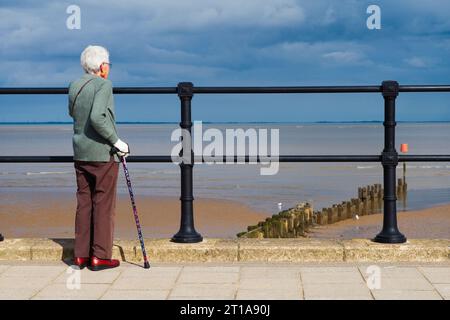 Eine klug gekleidete ältere Frau mit einem Gehstock blickt von Cleethorpess aus über die Humber Mündung Stockfoto