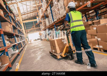 Lagermitarbeiter laden bewegliche Pakete zur Lieferung, Versand, Import-Export-Waren im Arbeitsbereich des Regallagers. Stockfoto