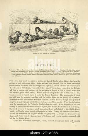 Vintage-Illustration von Gustave Dore, Idlers auf der Brücke von Alicante (Alcántara-Brücke) eine römische Brücke in Alcántara, in Extremadura, Spanien, spanische Geschichte des 19. Jahrhunderts Stockfoto