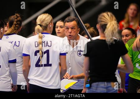 Forum Horsens, Dänemark, 12. Oktober 2023. Kosovo-Trainer Agron Shabani während einer Auszeit im Handballspiel der Europameisterschaft Dänemark gegen Kosovo im Forum Horsens, Dänemark, 12. Oktober 2023. Stockfoto