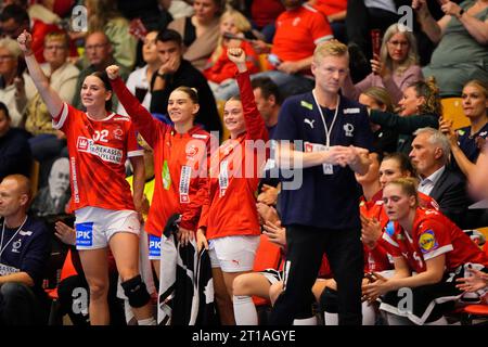 Forum Horsens, Dänemark, 12. Oktober 2023. Dänische Spieler reagieren im Handballspiel der EM gegen den Kosovo im dänischen Forum Horsens am 12. Oktober 2023. Stockfoto