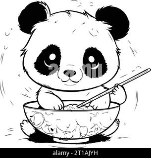 Illustration eines niedlichen Cartoon Panda, der eine Schüssel Reis isst. Stock Vektor