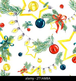 Nahtloses Aquarellmuster mit Tannenzweigen, weihnachtskugeln, Girlande, Sternen und Schleife. Handgezeichnete Illustration isoliert auf weiß Stockfoto