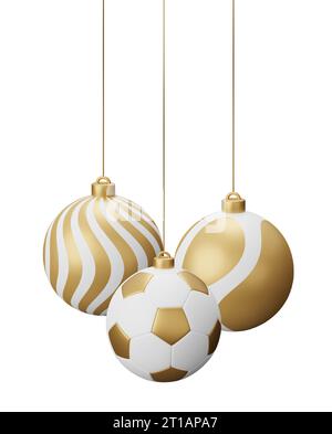 Goldener Fußball Hängende Weihnachtsbälle. Abbildung des 3D-Renderings isoliert auf weißem Hintergrund. Stockfoto