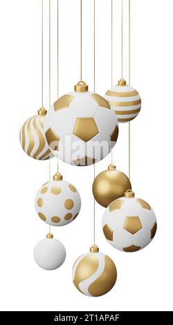 Goldener Fußball Hängende Weihnachtsbälle. Abbildung des 3D-Renderings isoliert auf weißem Hintergrund. Stockfoto