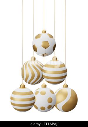 Goldener Fußball Hängende Weihnachtsbälle. Abbildung des 3D-Renderings isoliert auf weißem Hintergrund. Stockfoto