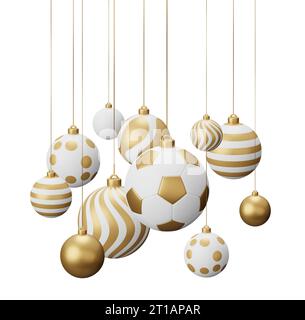 Goldener Fußball Hängende Weihnachtsbälle. Abbildung des 3D-Renderings isoliert auf weißem Hintergrund. Stockfoto