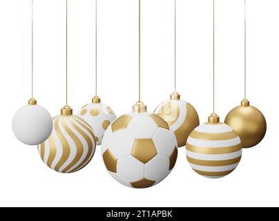 Goldener Fußball Hängende Weihnachtsbälle. Abbildung des 3D-Renderings isoliert auf weißem Hintergrund. Stockfoto