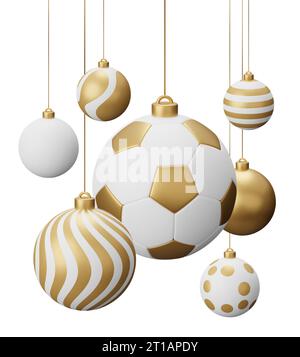 Goldener Fußball Hängende Weihnachtsbälle. Abbildung des 3D-Renderings isoliert auf weißem Hintergrund. Stockfoto