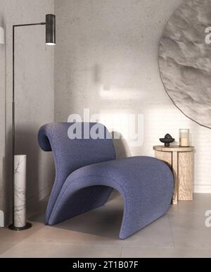 Modernes, graues Wohnzimmer mit blauem Sessel und Sonnenhintergrund. Blick auf die dunkle, moderne Natur. 3D-Rendering. Hochwertige 3D-Illustration Stockfoto