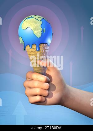 Eine Hand, die eine Eiskugel hält, mit einer schmelzenden Erdkugel. Digitale Illustration, 3D-Rendering. Stockfoto