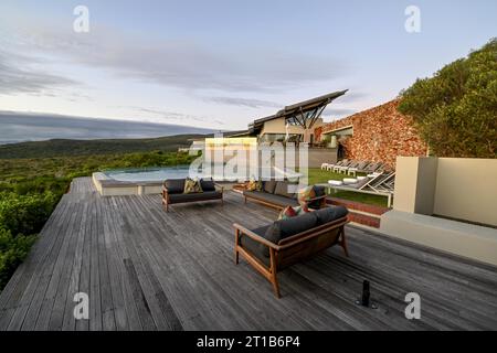 Forest Lodge, Outdoor Shot, Blue Hour, Grootbos Private Nature Reserve, Gansbaai, Western Cape Province, Südafrika Stockfoto