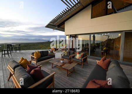 Forest Lodge, Outdoor Shot, Blue Hour, Grootbos Private Nature Reserve, Gansbaai, Western Cape Province, Südafrika Stockfoto