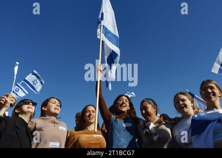 Bukarest, Rumänien. 12. Oktober 2023: Die von der israelischen Botschaft organisierte Kundgebung in der Nähe des rumänischen Parlaments in Bukarest, bei der mehrere hundert Menschen, überwiegend Mitglieder der israelischen und jüdischen Gemeinde, zeigen Sie ihre Unterstützung für den israelischen Staat nach den Terroranschlägen der Hamas, bei denen mehr als 1200 unschuldige Zivilisten getötet wurden, über 3000 Verwundete und etwa 150 entführt wurden, in der Nähe des Gazastreifens. Quelle: Lucian Alecu/Alamy Live News Stockfoto