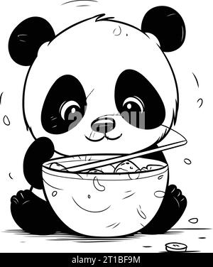 Panda isst eine Schüssel Reis. Schwarz-weiß-Vektorillustration. Stock Vektor