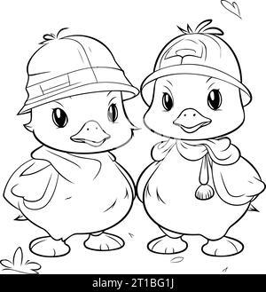 Ausmalseite Umriss Von Zwei Niedlichen Baby-Enten-Zeichentrickfiguren Stock Vektor