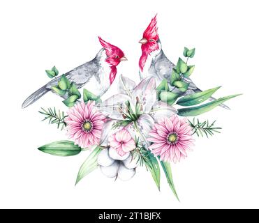 Aquarellvögel mit Blumen. Roter Kardinalvogel, Blumensträuße und Kränze auf weiß. Vögel und Blumen handgezeichnet isoliert. Kompositionen mit Vögeln für ca. Stockfoto