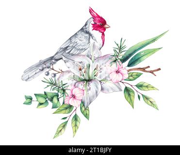 Aquarellvogel mit Blumen. Roter Kardinalvogel, Blumensträuße und Kränze auf weiß. Vögel und Blumen handgezeichnet isoliert. Kompositionen mit Vögeln für Auto Stockfoto