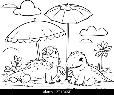 Niedliche Dinosaurier im Park mit Regenschirm Vektor Illustration Malbuch Seite Stock Vektor