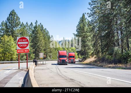 Team aus zwei industriellen Transportwagen mit rotem Auflieger und verlängerter Kabine für Lkw-Fahrer, die gewerbliche Ladung in fahrenden Aufliegern transportieren Stockfoto