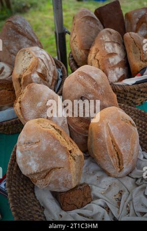 Haufen frisch gebackener Vollkornbrote in der Bäckerei oder dem lokalen Bauernmarkt Stockfoto