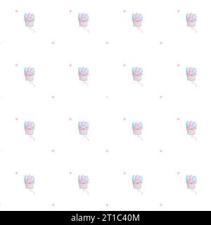 Nahtloses Aquarellmuster von Ostereimer mit bunten Eiern und Schleife und süßen Frühlingsblumen. Ostermuster zum Bedrucken von Textilien, Tischdecken Stockfoto