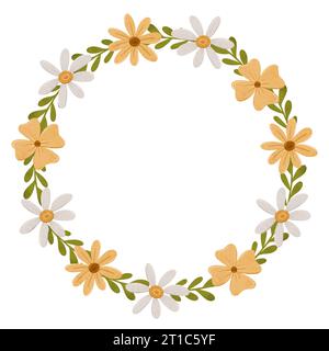 Hübscher Kranz mit einfachen Gänseblümchen. Kamillenkreisrahmen im skandinavischen Stil. Stilisierte kleine Blumen, digitale Illustration für Karten Stockfoto