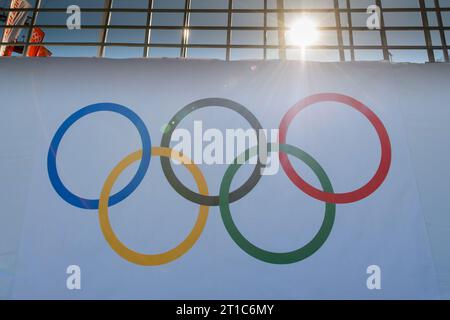 Olympische Ringe an der Skisprungschanze im Russki Gorki Center Olympische Winterspiele in Sotschi, Russland am 05.02.2014 Stockfoto