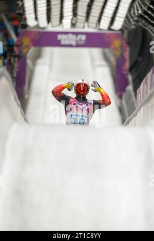 Olympiasieger Felix LOCH Jubel im Ziel Herren Rodeln Finale in Sotschi, Russland am 09.02.2014 Stockfoto