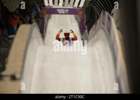 Olympiasieger Felix LOCH Jubel im Ziel Herren Rodeln Finale in Sotschi, Russland am 09.02.2014 Stockfoto