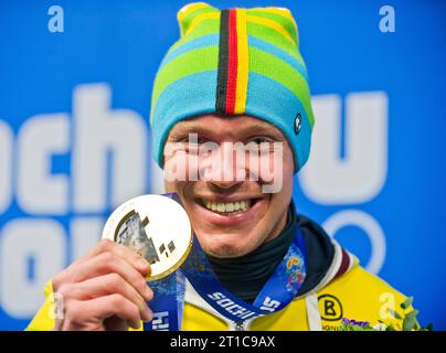 Felix LOCH Olympiasieger im Rodeln Herren Einzel XXII. Olympische Winterspiele Sotschi, Russland am 14.02.2014 Stockfoto