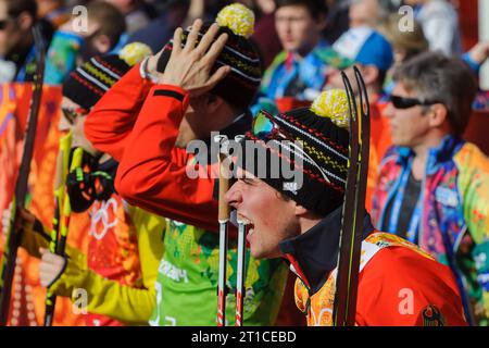 Bjoern KIRCHEISEN und Johannes Rydzek Nordische Kombination Team Wettbewerb HS120 / 4x5 km XXII. Olympische Winterspiele Sotschi, Russland am 20.02.2014 Stockfoto