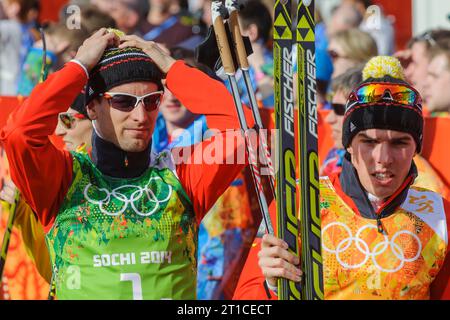 Bjoern KIRCHEISEN und Johannes Rydzek Nordische Kombination Team Wettbewerb HS120 / 4x5 km XXII. Olympische Winterspiele Sotschi, Russland am 20.02.2014 Stockfoto