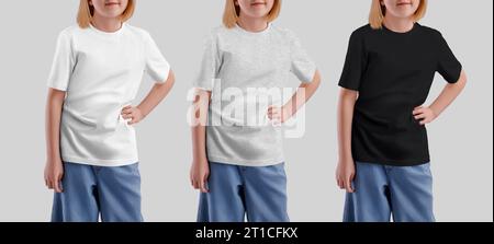 Mockup eines weißen, schwarzen T-Shirts auf einem posierenden europäischen Mädchen, vorne, zum Design. Produktfotografie. Ein Set Oversize-Hemden für Kinder Stockfoto