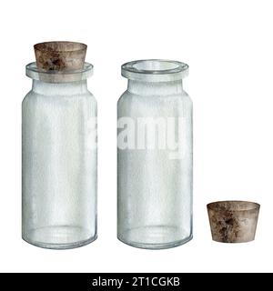 Set aus Glasgefäß, Vase mit Holzstopfen, Deckel. Aquarell Hand gezeichnetes Clipart isoliert auf weißem Hintergrund. Set von Bechergläsern für biologische und medizinische Zwecke Stockfoto