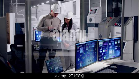 Werksingenieure In Helmen. Industrieanlage Wird Geprüft Stockfoto